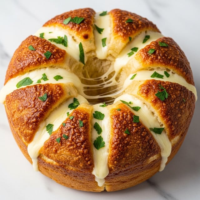 A close-up bright image of a cheesy bread dish with about six torn bread pieces arranged closely in a circle. The bread has a golden brown crust with a soft, airy inside showing large holes and white texture. Melted yellow cheese is generously spread in the gaps between the bread pieces. Small green herbs are sprinkled on top of the cheese and bread, adding contrast. The background has a white marbled texture. photo taken with an iphone --ar 4:5 --v 7