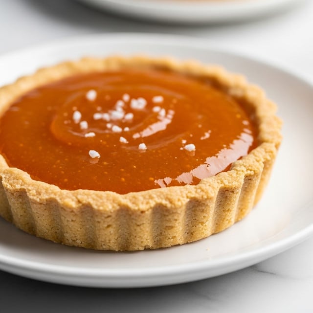 A close-up image of a small tart with a thick, golden-brown crust that appears slightly crumbly and textured around the edges, filled with a glossy, smooth caramel layer that has a shiny surface with small scattered white flakes on top. The tart sits on a white marbled surface. The photo was taken with an iphone --ar 4:5 --v 7