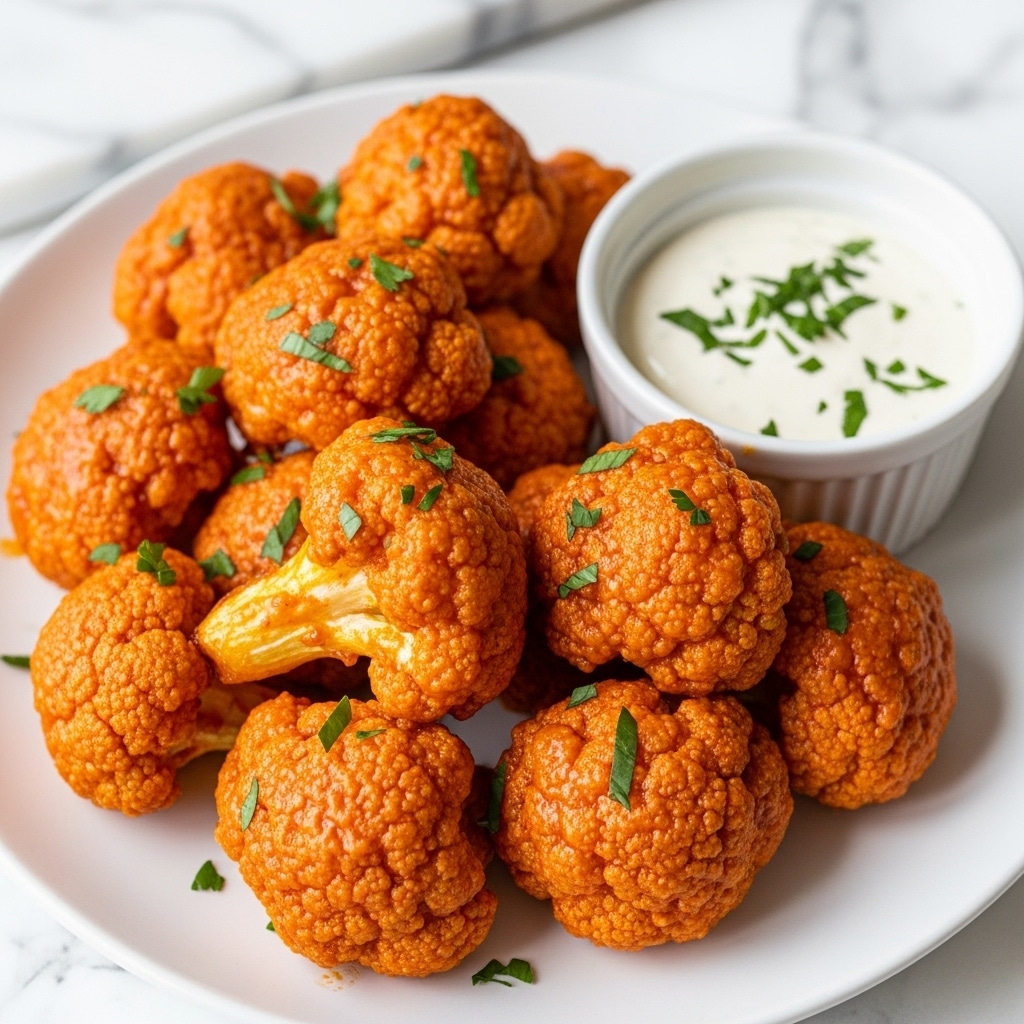 A close-up of a white plate filled with many pieces of roasted cauliflower coated in a bright orange sauce, sprinkled with chopped green herbs on top, showing a slightly crispy texture. To the side on the plate is a small white bowl with white creamy dip topped with green herbs. The cauliflower pieces vary in size, some showing the inside white stems, with the orange sauce giving a glossy look. The plate is placed on a white marbled surface. photo taken with an iphone --ar 4:5 --v 7