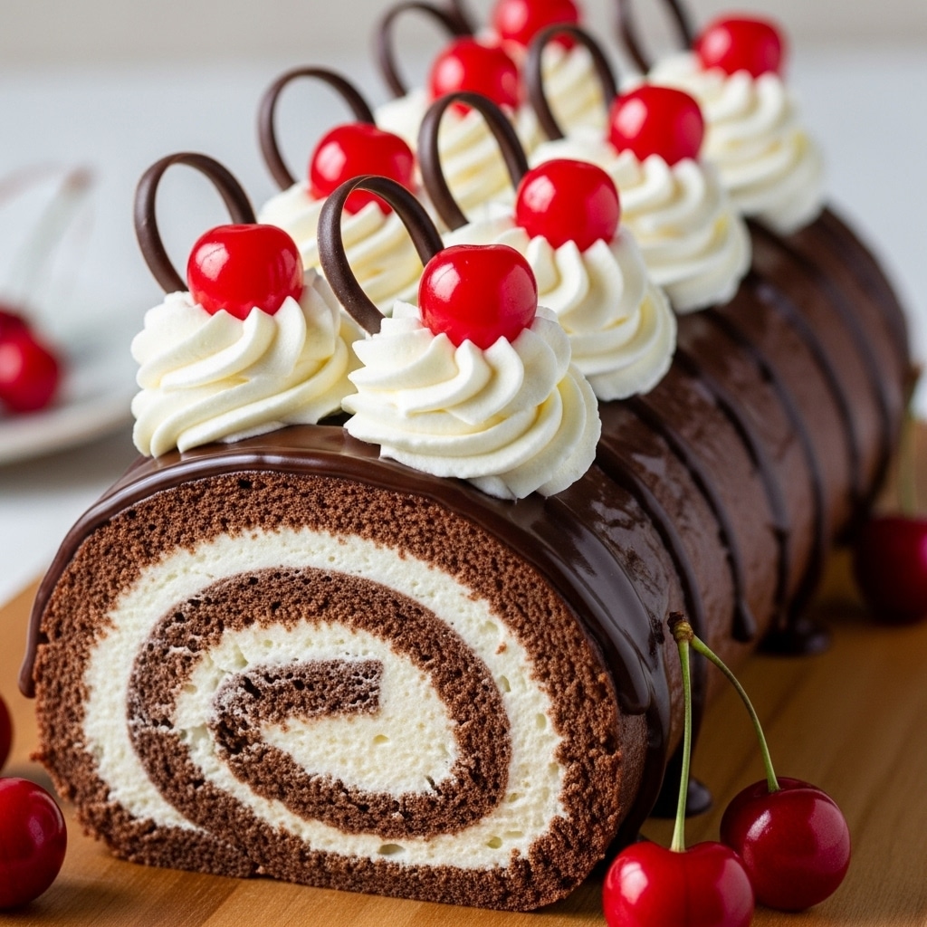 A chocolate roll cake presented on a white marbled texture, with a visible layered spiral inside made of dark brown chocolate sponge and white cream with some red cherry pieces scattered inside. On top, there is a thick, shiny dark chocolate glaze dripping down the sides. The cake is decorated with white swirls of whipped cream, fresh bright red cherries with green stems, and delicate curled dark chocolate shavings sitting on the cream. A few cherries rest around the cake on the white marbled surface. The fine texture of the sponge and cream along with the shiny chocolate glaze create a rich, inviting look. photo taken with an iphone --ar 4:5 --v 7