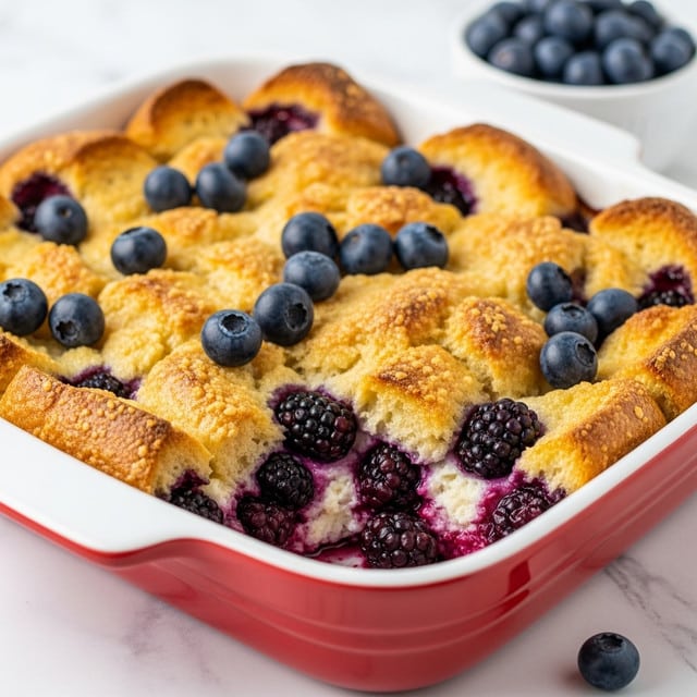 The image shows a close-up of a baked dessert in a white baking dish with a red rim, placed on a white marbled surface. The dessert has three visible layers: the top layer is golden brown with toasted bread pieces that have a rough texture, the middle layer consists of soft, melted cheese or cream mixed with juicy, dark purple blackberries, and the top is dotted with whole fresh blueberries that add a deep blue color and smooth texture. The bread pieces are uneven in size, giving the dish a rustic look, and the melted cheese or cream oozes slightly between the bread and berries, creating a creamy contrast to the crispy top. In the background, there is a small white bowl filled with fresh blueberries, complementing the dish's colors. Photo taken with an iphone --ar 4:5 --v 7