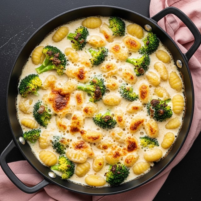 A close-up top view of a creamy baked dish in a black pan with two handles. The dish has an even spread of small, soft gnocchi pieces, pale yellow in color, mixed with bright green broccoli florets. The creamy white sauce thickly coats everything, with a slightly browned, bubbly texture on top, especially around the edges. The pan rests on a dark surface with a soft pink cloth casually placed underneath one side. Photo taken with an iphone --ar 4:5 --v 7