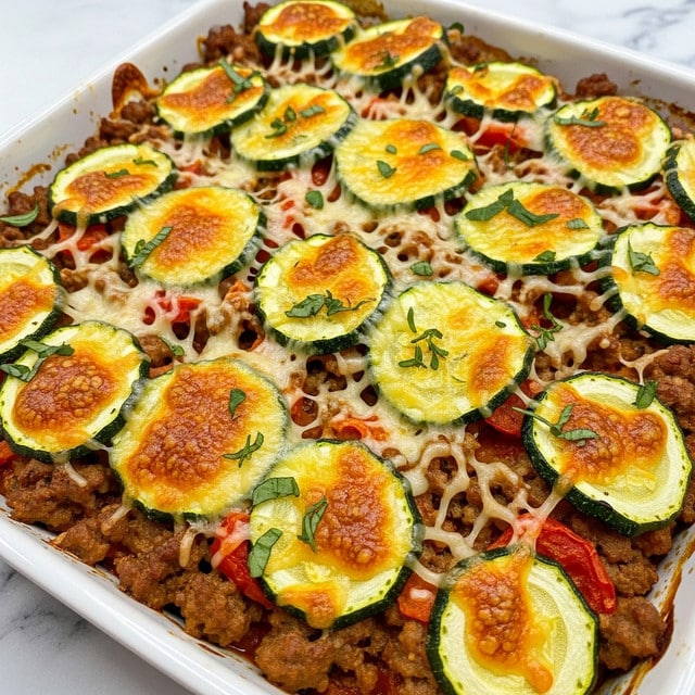 A close-up view of a baked casserole in a white dish, showing a mix of browned ground meat pieces and thin green zucchini slices layered evenly across the top, all covered in melted, bubbly cheese that is golden in some spots. Small green herb sprigs are scattered on the surface, adding a fresh touch. The textures range from the crispy meat bits to the smooth zucchini and gooey cheese, with some reddish tomato bits peeking through. The background is a white marbled surface. photo taken with an iphone --ar 4:5 --v 7