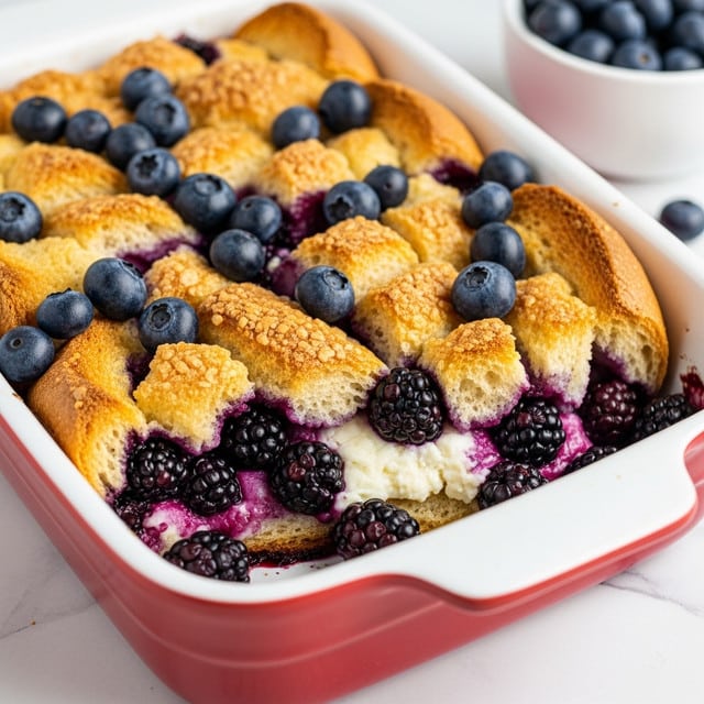 The image shows a close-up of a white ceramic dish filled with bread pudding topped with fresh blueberries. The bread pieces are golden brown and toasted on the edges, layered evenly throughout the dish, surrounded by a creamy sauce that looks smooth and rich with a light yellow color. The blueberries are scattered on top, both whole and slightly juicy, blending their deep blue and purple color with the creamy sauce. The dish sits on a white marbled surface with a soft focus on some loose blueberries in the background. Photo taken with an iphone --ar 4:5 --v 7