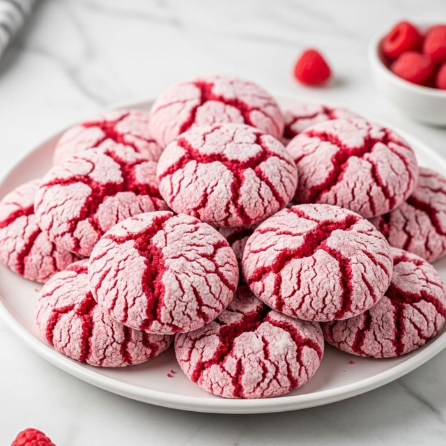 A white plate full of pink cookies with cracked tops showing a soft texture inside. The cookies are piled in a small heap, each cookie round and slightly thick with a powdery sugar coating on top. In the background, there is a white marbled surface and a small white bowl with red berries, slightly out of focus. photo taken with an iphone --ar 4:5 --v 7