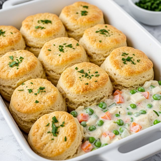 The image shows a white rectangular baking dish filled with a chicken and vegetable casserole topped with nine golden-brown biscuits arranged in three rows of three. Each biscuit is round with a slightly rough, crispy surface sprinkled with small green herbs. Underneath, the creamy sauce is white with visible chunks of green peas, orange carrots, and bits of chicken, spilling slightly over the dish edge. In the background, there is a small white bowl with chopped green herbs on a white marbled surface. The lighting highlights the biscuits' texture and creamy filling. photo taken with an iphone --ar 4:5 --v 7