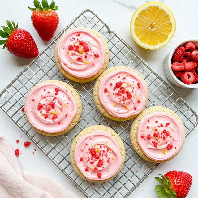 This image shows round sugar cookies with a light beige base, each topped with a generous swirl of creamy pink frosting sprinkled with bright red crushed bits and small yellow lemon zest flakes. The cookies are arranged closely on a silver cooling rack placed over a white marbled surface. Fresh red strawberries with green tops and a halved lemon with pale yellow juicy flesh are placed around the cookies, adding a fresh touch. A white bowl filled with red freeze-dried strawberry pieces and a light pink cloth are partially visible on the left side. photo taken with an iphone --ar 4:5 --v 7