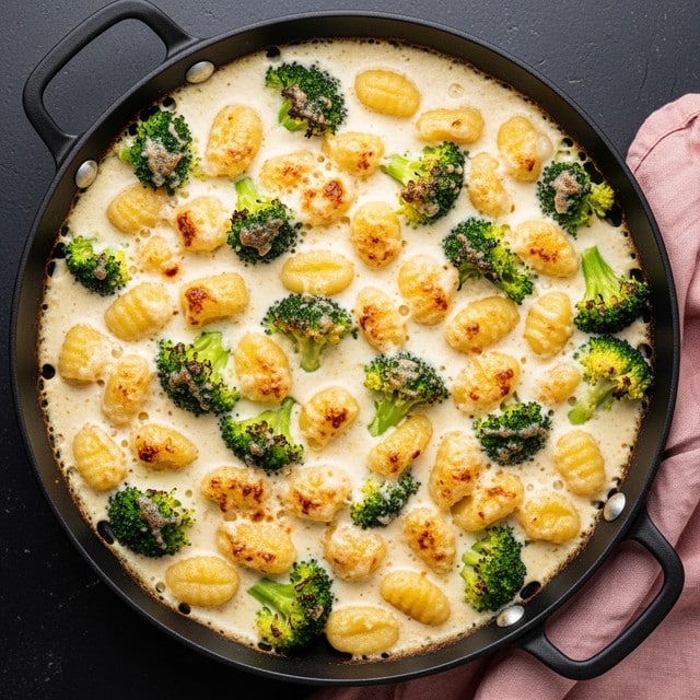 A large black pan filled with creamy white sauce mixed with lightly browned golden gnocchi and bright green broccoli florets. The sauce has a smooth texture with small black pepper specks, covering the gnocchi and broccoli evenly. The broccoli pieces are spread throughout the pan, some slightly charred on edges, giving a varied green shade across the dish. The gnocchi are plump and soft-looking, scattered between the broccoli, with some baked to a golden color on top. The pan rests on a dark surface next to a soft light pink cloth, while the background is changed to a white marbled texture. Photo taken with an iphone --ar 4:5 --v 7