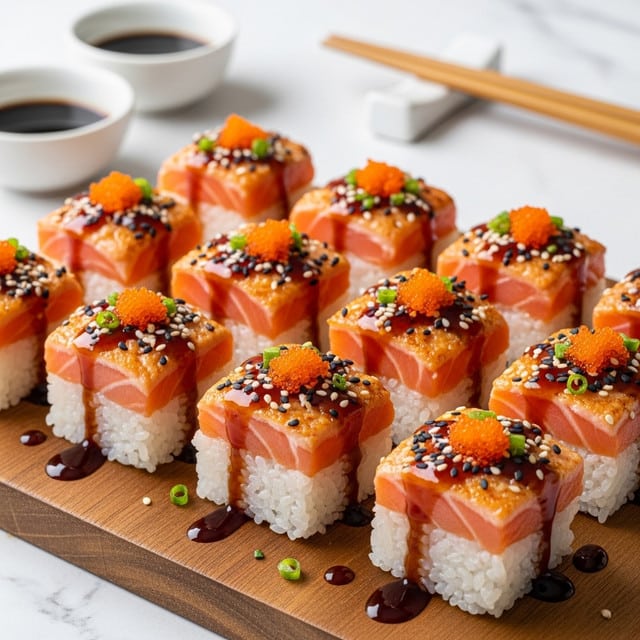 This image shows a row of square sushi pieces placed on a wooden board. Each sushi has two layers: a thick bottom layer of white rice with a slightly sticky texture, and a top layer of cooked salmon with a light pink and slightly seared surface. The salmon is covered with a glossy dark sauce that drips slightly on the sides. On top of each piece, there are scattered small green onion slices and white sesame seeds, along with a small heap of bright red fish roe adding a pop of color. In the background, there are two white bowls filled with dark soy sauce, and a pair of wooden chopsticks rests on the left side on the white marbled surface. photo taken with an iphone --ar 4:5 --v 7
