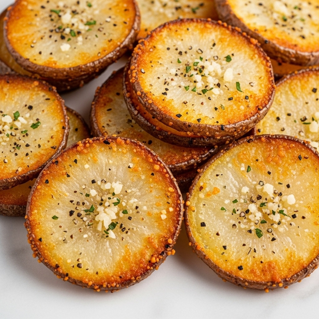 Thin, round slices of golden-brown potato chips are layered slightly overlapping each other on a white plate, each chip crispy with a lightly bubbly texture. The chips are sprinkled generously with black pepper and fine white salt, with small green parsley flakes scattered on top, adding specks of fresh color. The edges of the chips are darker and crispier, showing a rich roasted look, while the centers remain a lighter yellow. The whole arrangement gives a warm, inviting feel with a simple yet appetizing presentation. photo taken with an iphone --ar 4:5 --v 7