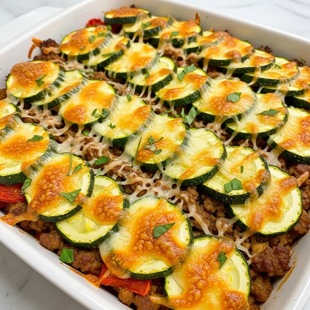 A close-up view of a baked casserole in a white dish, featuring layers of browned ground sausage bits scattered unevenly on top, melted golden cheese covering the dish, and thin slices of green and yellow zucchini interspersed throughout. Small sprigs of fresh green herbs, such as rosemary or thyme, are scattered on the surface, adding a fresh touch. The texture looks creamy and cheesy with visible juicy spots and a slightly crisped top. The dish is placed on a white marbled textured surface. photo taken with an iphone --ar 4:5 --v 7