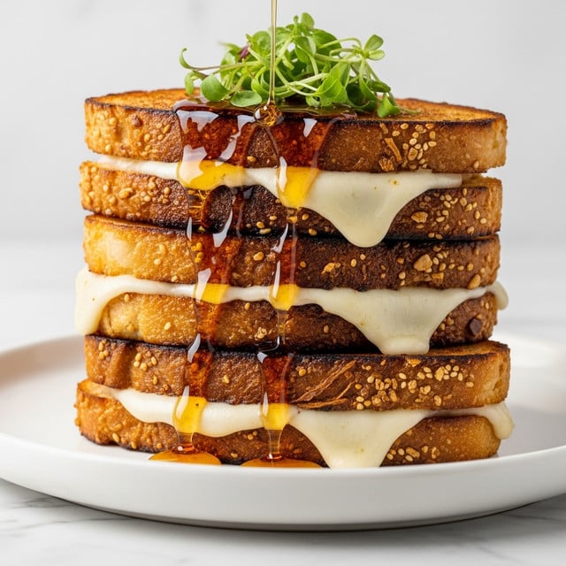 A close-up view of a stack of four grilled cheese sandwiches on a white plate, each sandwich showing golden-brown, crispy toasted bread with a crunchy, slightly charred texture. Between each layer is melted white cheese oozing slightly out from the sides. Golden syrup is dripping down over the stacked sandwiches, adding a shiny, sticky glaze. On top, there is a small garnish of fresh green herb sprigs. The plate sits on a white marbled surface. Photo taken with an iphone --ar 4:5 --v 7