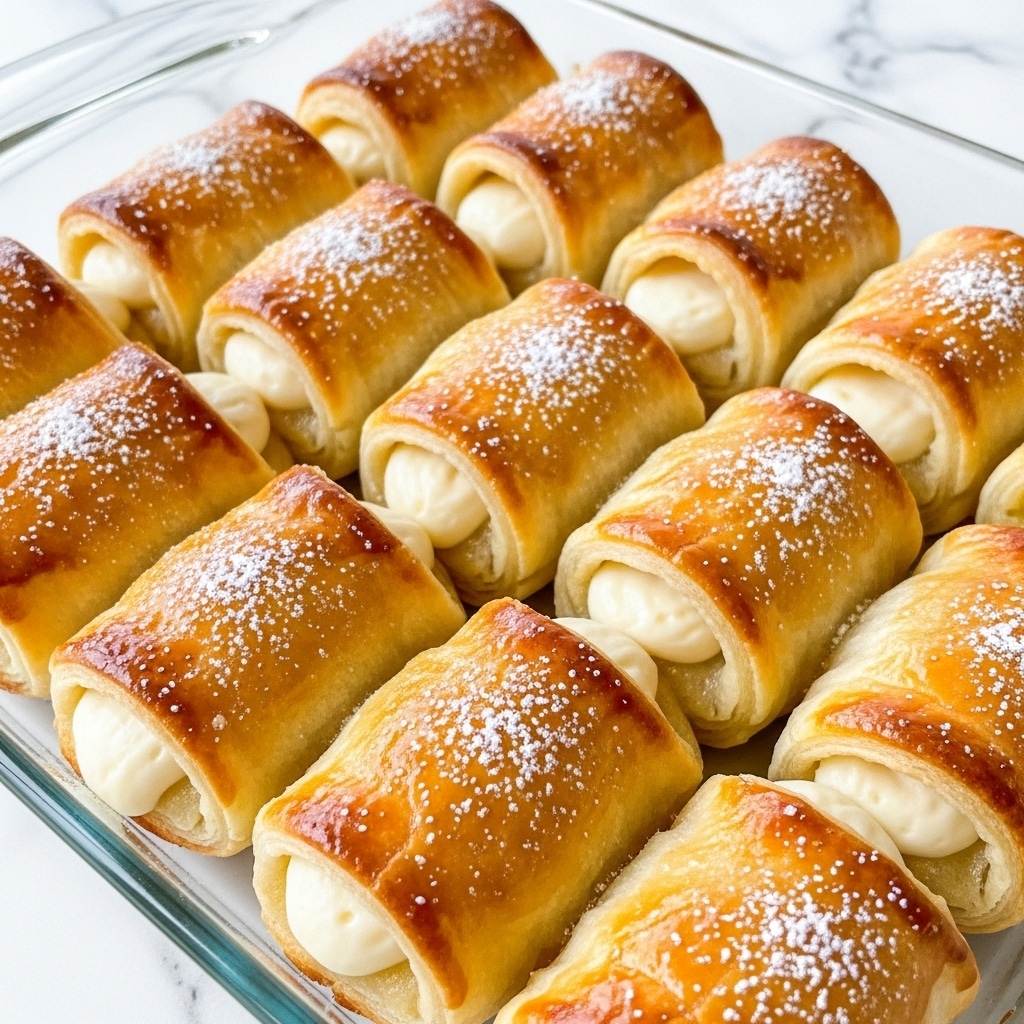 This image shows a close-up of golden brown puff pastry rolls arranged in a clear glass baking dish. Each roll has a flaky, crisp outer layer that shines with a slight glaze and is lightly sprinkled with powdered sugar. The pastry is split to reveal a smooth, creamy white filling inside, appearing soft and rich. The rolls are tightly placed next to each other, filling the dish neatly. The background is a white marbled texture. photo taken with an iphone --ar 4:5 --v 7