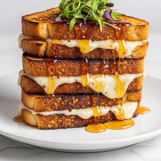 A close-up view of a stack of three grilled cheese sandwiches placed on a white plate, each sandwich made with two golden-brown toasted bread slices with a slightly crispy texture on the outside. Between each layer of bread is a thick, gooey, white melted cheese that oozes slightly at the edges. Golden honey is drizzled generously over the top, flowing down the sides of the stack, adding a glossy shine. A small sprig of fresh green herbs rests delicately on the top sandwich. The background is a white marbled texture. photo taken with an iphone --ar 4:5 --v 7