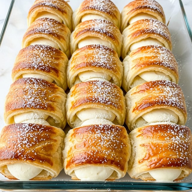The image shows a close-up of golden-brown puff pastry rolls arranged in a clear glass baking dish. Each roll has a flaky, crispy top layer with visible layers of thin, crisp pastry that are slightly puffed. Inside, there is a creamy, smooth, pale yellow custard filling that is slightly oozing out from the cut ends of the rolls. The pastry tops are sprinkled with light, white powdered sugar, adding a delicate texture contrast. The glass dish is set on a white marbled surface that softly reflects light, enhancing the warm and inviting look of the dessert. photo taken with an iphone --ar 4:5 --v 7