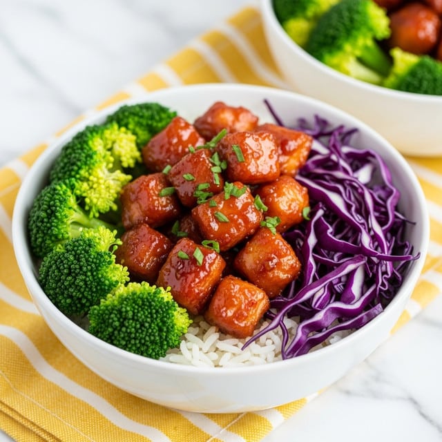 The image shows a white bowl filled with three main layers. The bottom layer is white rice covering the base evenly. On top, there are bright green broccoli florets arranged in a cluster on one side. Next to the broccoli, there are glossy, reddish-brown cooked chicken pieces coated in a sauce, placed in the center and right side of the bowl. On the left side, there are thin, shredded purple cabbage layers adding color contrast. Small green herbs are sprinkled over the chicken, giving a fresh finishing touch. In the background, another similar bowl is slightly visible. The whole scene is set on a white marbled texture. photo taken with an iphone --ar 4:5 --v 7
