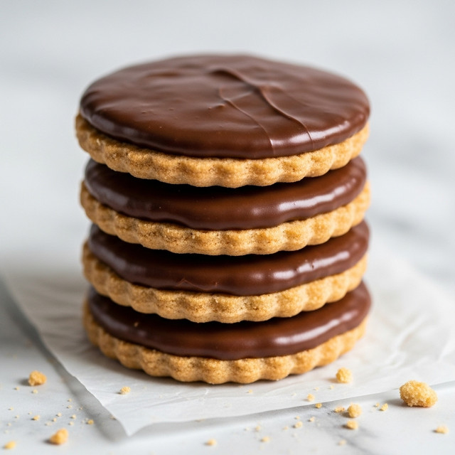 A stack of four round biscuits covered with shiny, dark brown chocolate on top, showing a smooth and glossy texture. The chocolate layer is thick and evenly spread on each biscuit. The biscuits themselves are light golden brown and look crispy. The stack sits on a parchment paper with some crumbs around, on a white marbled surface. Photo taken with an iphone --ar 4:5 --v 7