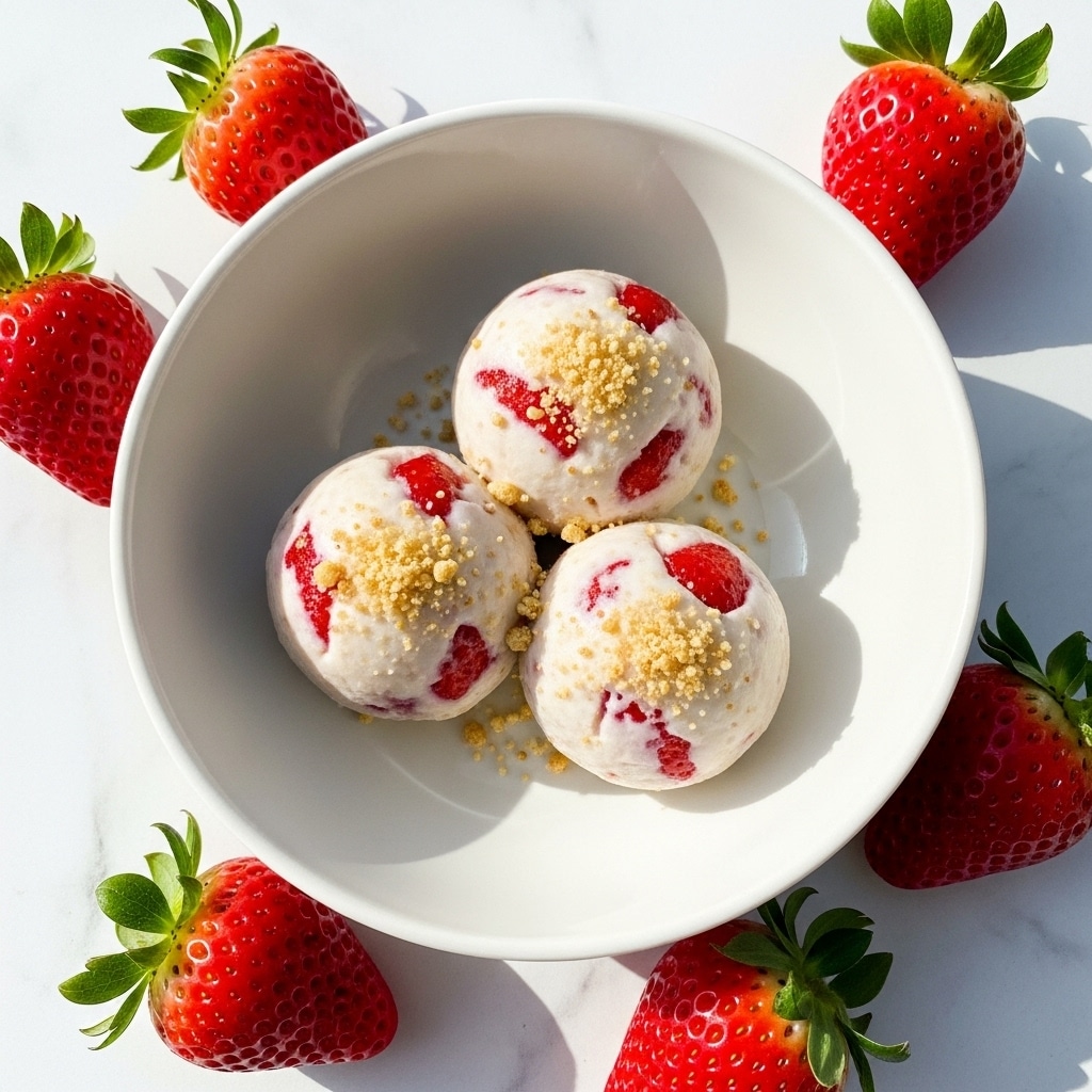 The image shows a white bowl filled with several round frozen strawberry yogurt balls that have small red strawberry pieces inside. The yogurt balls are creamy white with pinkish-red spots and have a light crumbly topping sprinkled on them. Fresh red strawberries surround the yogurt balls, adding a bright contrast of color. The bowl is placed on a white marbled surface with a soft-focus background. Photo taken with an iphone --ar 4:5 --v 7