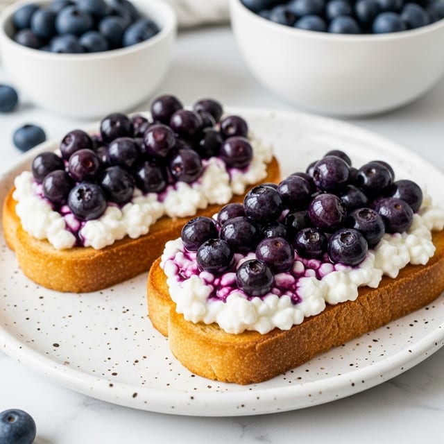 The image shows two pieces of toasted bread on a speckled white plate, each topped with a thick layer of creamy white cottage cheese mixed with small bits of blueberry, and a generous pile of shiny, dark purple blueberries placed on top. The toasts have golden brown edges and a soft-looking bread texture inside. The plate rests on a white marbled surface, with a small white bowl of additional fresh blueberries slightly visible in the background. Photo taken with an iphone --ar 4:5 --v 7