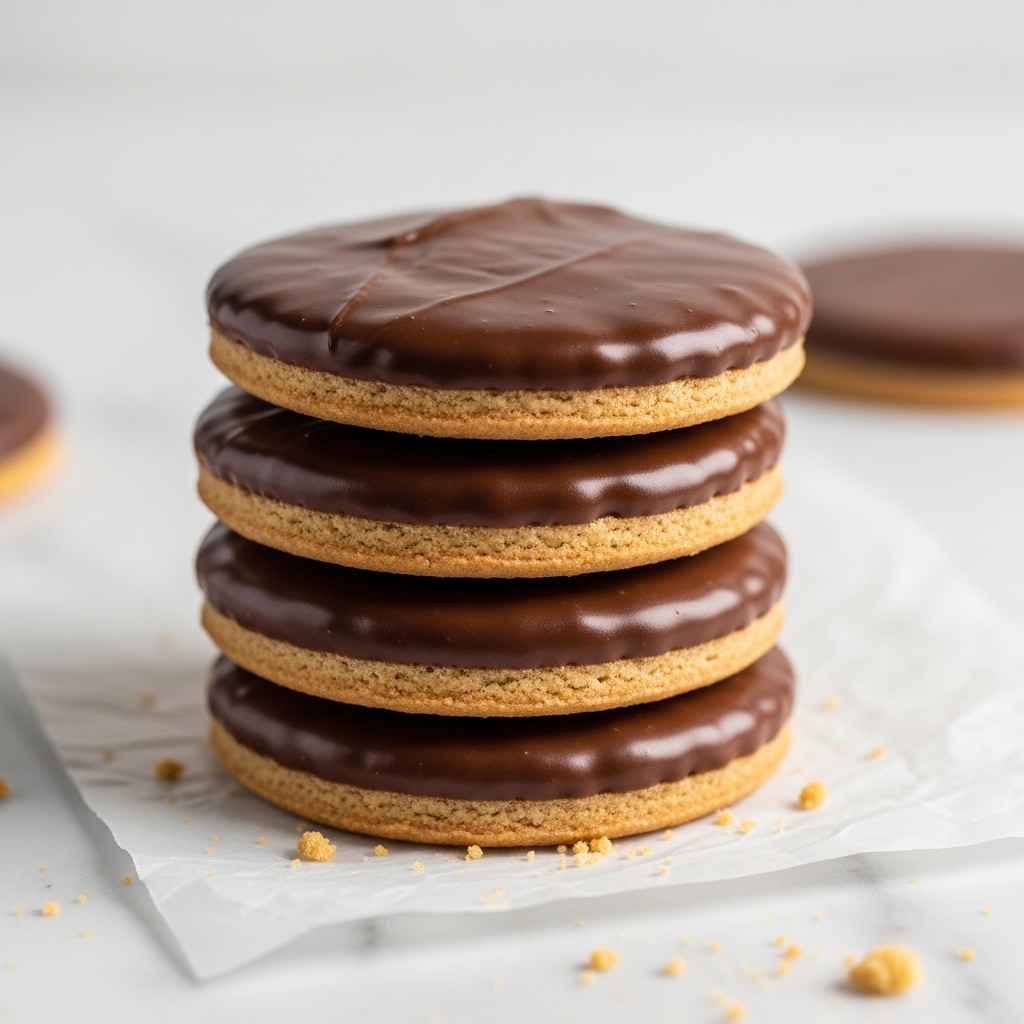 A stack of four round cookie sandwiches filled with light brown peanut butter cream, each cookie layer golden brown with a smooth chocolate coating on top that is glossy and slightly melting at the edges, sprinkled with crunchy peanut pieces. The cookies are stacked unevenly on a white plate, with some crumbs around. The background is a white marbled texture. Photo taken with an iphone --ar 4:5 --v 7