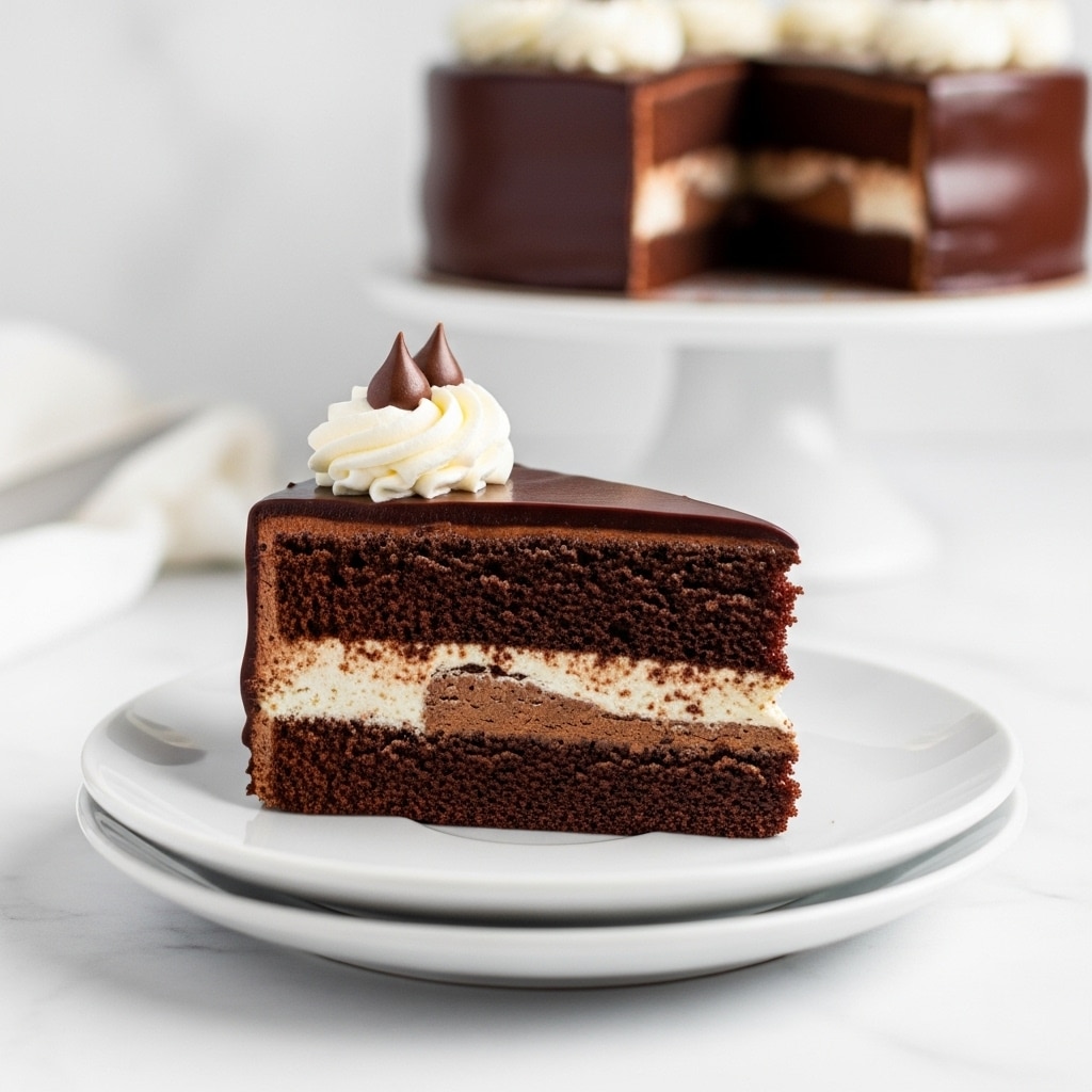 A slice of chocolate cake sits on a stack of two white plates on a white marbled surface. The cake has two thick, dark brown, moist chocolate layers with a middle layer of white creamy frosting. The top is coated with a smooth layer of chocolate ganache, and it is topped with a swirl of white whipped cream adorned with small chocolate chips. The background is softly blurred, showing a whole cake and other items. Photo taken with an iphone --ar 4:5 --v 7