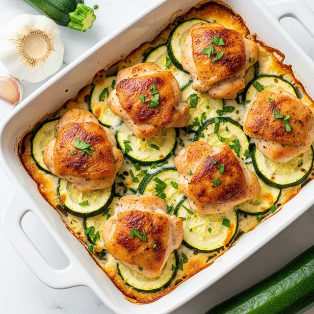 A white oval baking dish filled with a baked chicken and zucchini casserole sits on a white marbled surface. The dish has two main layers: the base is covered with slices of golden-brown baked chicken pieces that are seasoned and slightly crispy, and on top of and mixed with the chicken are round, thick slices of zucchini that are roasted to a light golden color with some charred edges. The whole dish is sprinkled with finely chopped green herbs, adding a fresh touch. The edges of the dish are browned from baking, showing a rich, cozy meal ready to serve. Photo taken with an iphone --ar 4:5 --v 7