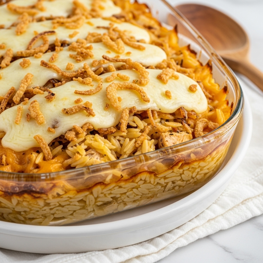 A close-up view of a baked casserole dish with a clear glass white-rimmed edge, filled with several layers of creamy melted cheese and golden browned crispy fried onions on top. Below the cheese and onions, strands of creamy pasta, likely orzo, are visible mixed with pieces of chicken, showing a rich, cheesy texture with some browned edges along the side of the dish. The casserole sits on a soft white cloth on a white marbled surface, with a wooden spoon partly visible in the background. photo taken with an iphone --ar 4:5 --v 7