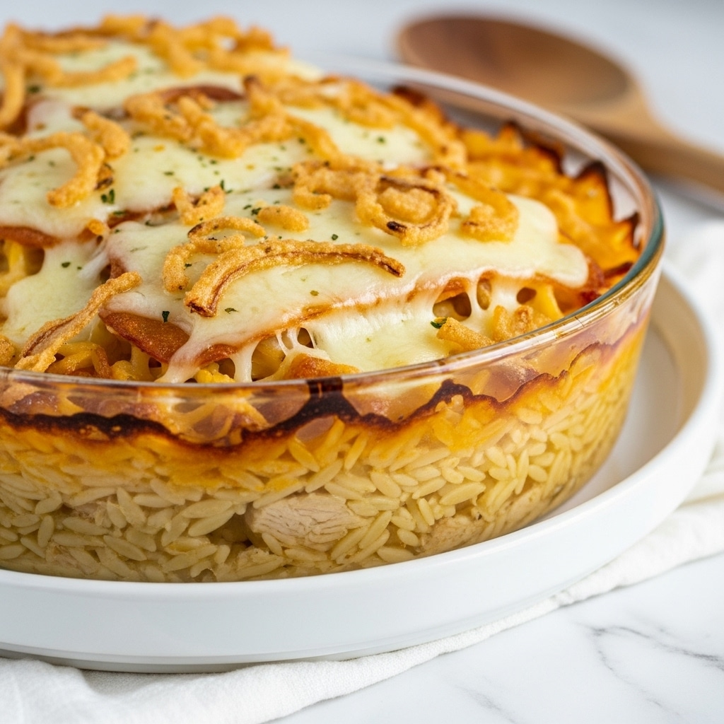 The image shows a close-up of a baked casserole in a clear glass dish with a dark rim, sitting on a white marbled surface. The dish has a top layer of golden-brown crispy fried onions scattered unevenly, covering a melted, creamy white cheese layer beneath. Under the cheese layer, there is cooked orzo pasta mixed with shredded chicken, visible through a cut-out portion at the corner. The orzo is light golden and slightly translucent, contrasting with the rich creamy and crunchy textures above it. A wooden spoon is blurred out in the background on a white cloth. photo taken with an iphone --ar 4:5 --v 7