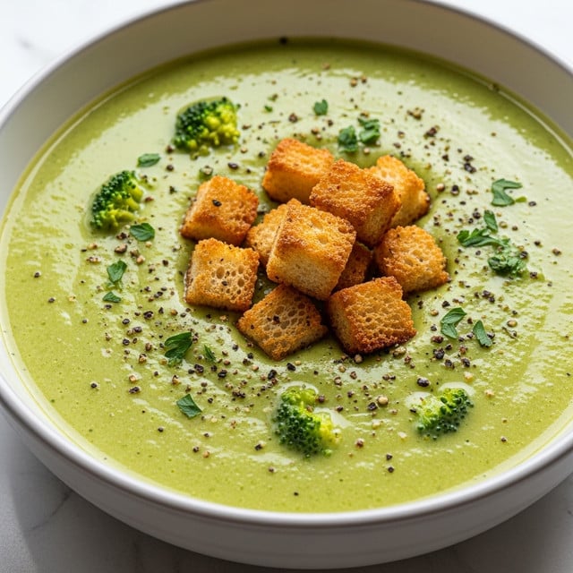 A close-up image of a creamy green broccoli soup in a round, white bowl with a light gray rim. The soup is smooth with a few small broccoli florets visible within the thick green base. On top, there are several golden-brown toasted bread cubes that look crunchy, scattered unevenly in the center. The surface of the soup is garnished lightly with cracked black pepper and small green herb flakes, likely parsley, adding texture. The bowl sits on a white marbled surface with a soft natural light that highlights the creamy texture and the toasted bread's crispiness. photo taken with an iphone --ar 4:5 --v 7
