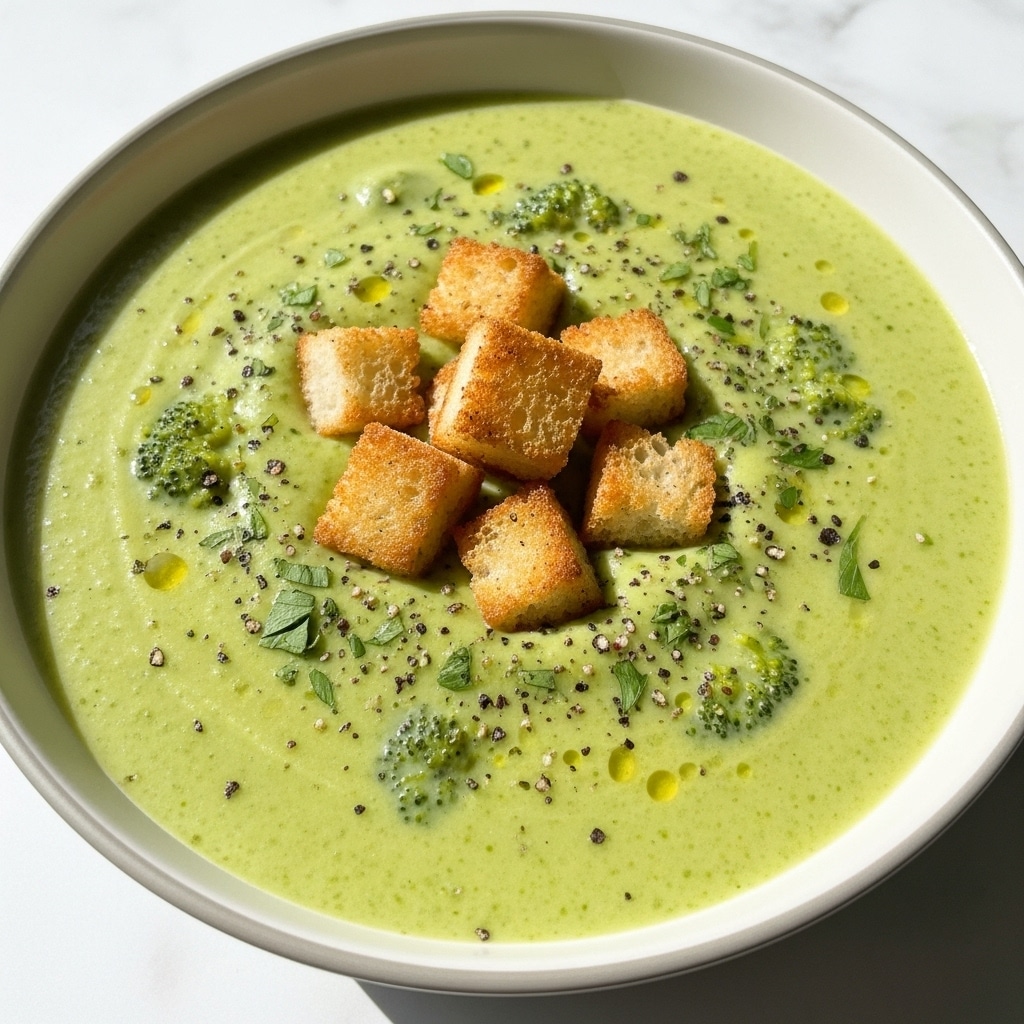 A close-up view of a bowl filled with creamy green broccoli soup that has a smooth texture with small broccoli florets mixed in. On top, there are golden brown croutons sprinkled with herbs and finely chopped parsley, adding a crunchy layer. The soup surface shows drops of olive oil and a sprinkle of black pepper, enhancing its fresh look. The bowl is white with a subtle visible rim, placed on a white marbled surface with a few scattered green herbs around. photo taken with an iphone --ar 4:5 --v 7