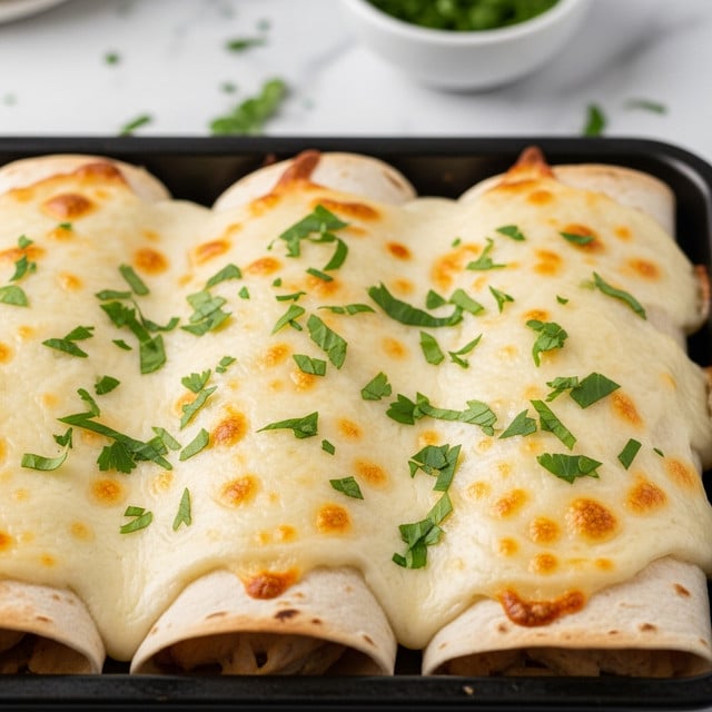 The image shows a baking tray filled with three rolled enchiladas, covered in a thick, melted layer of golden brown cheese that has bubbly spots of light to deeper orange colors. The enchiladas underneath appear soft and slightly folded, light beige in color, peeking through the cheese in some spots. The dish is garnished with finely chopped green cilantro leaves scattered across the surface, adding a fresh touch of color. The tray rests on a white marbled texture surface, with part of a white towel visible in the corner and a blurred background with hints of white plates. photo taken with an iphone --ar 4:5 --v 7
