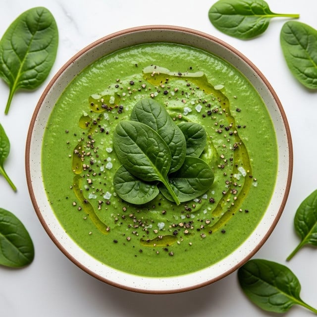 A bowl of smooth green spinach soup with small spinach pieces mixed throughout, topped with a small bunch of fresh whole spinach leaves placed in the center. The soup is sprinkled with coarse black pepper and white salt, with drops of olive oil giving a glossy look. The bowl is white with a rustic brown speckled rim, set on a white marbled textured surface with a few fresh spinach leaves scattered around. Photo taken with an iphone --ar 4:5 --v 7