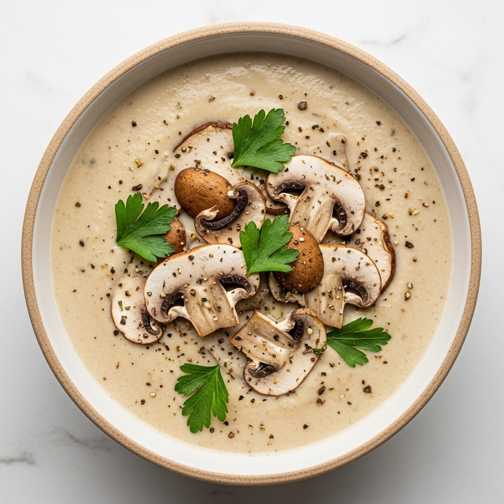 A bowl of creamy mushroom soup is shown from above, filled with a light beige soup base that has a smooth, slightly thick texture. Floating on top are several slices of brown and white mushrooms, some whole and some cut, adding a mix of curved and sharp shapes. Bright green parsley leaves are scattered evenly across the soup’s surface, bringing fresh color contrast. The bowl is white with a rough beige outer rim, sitting on a white marbled surface. Small bits of black pepper and herbs are visible throughout the soup, giving it a seasoned look. Photo taken with an iphone --ar 4:5 --v 7