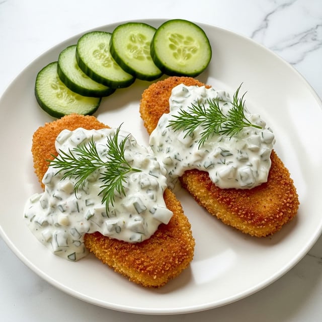 Two golden brown, crispy fried fish fillets rest side by side on a white plate, each topped with a thick, creamy white sauce mixed with small pieces of green herbs and corn kernels. A small fresh dill sprig decorates the top of the sauce on both fillets. In the background, thinly sliced green cucumber rounds form a neat cluster on the right side of the plate. The plate sits on a white marbled surface. Photo taken with an iphone --ar 4:5 --v 7
