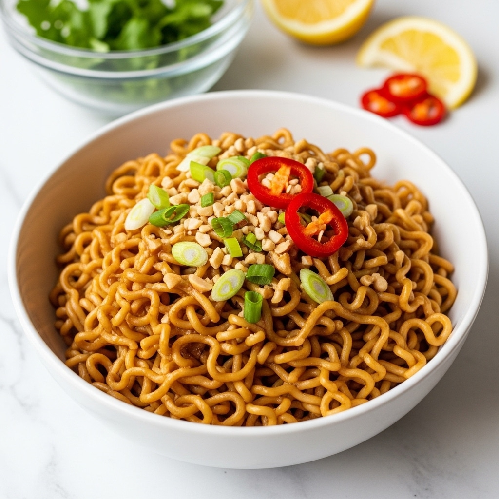 A white bowl filled with curly cooked noodles coated in a glossy brown sauce, topped with small chopped white nuts, thinly sliced green onions, and slices of red chili peppers. In the background, a clear bowl with green herbs and lemon wedges sit on a white marbled surface. The noodles glisten under soft light, showing their smooth texture and the contrast of toppings on top. photo taken with an iphone --ar 4:5 --v 7
