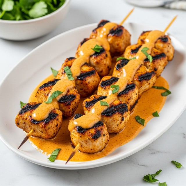 Three wooden skewers hold grilled chicken pieces that are golden brown with dark grill marks and a slight char. Each skewer is layered with about six to seven juicy, plump chunks of chicken. The chicken is generously covered with a creamy, light brown sauce that has small darker specks and is slightly glossy. Fresh green chopped herbs are sprinkled on top of the chicken and sauce, adding a pop of color. The skewers rest on a large white oval plate with a subtle texture. In the background, there is a bunch of fresh green parsley on a white marbled surface. photo taken with an iphone --ar 4:5 --v 7