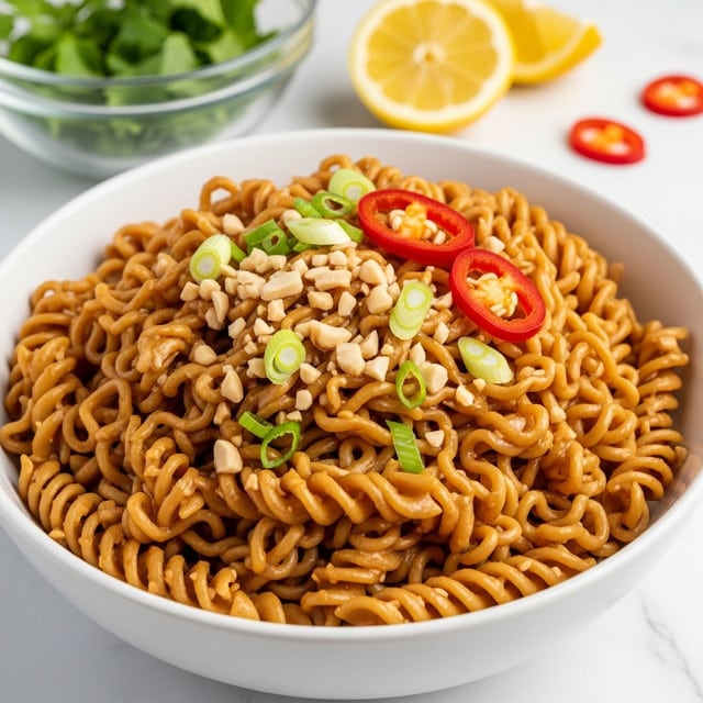 A white bowl filled with curly noodles coated in a glossy, brown sauce, showing a rich and slightly sticky texture. The noodles are piled high in about two layers, with the sauce evenly covering them. On top, there are thin slices of bright red chili and green onion pieces, adding fresh color contrast. Small chopped bits of white nuts or garlic are scattered around, giving a crunchy look. In the background, a glass bowl with green herbs and two lemon wedges sit on a light wooden tray, all placed on a white marbled surface. photo taken with an iphone --ar 4:5 --v 7
