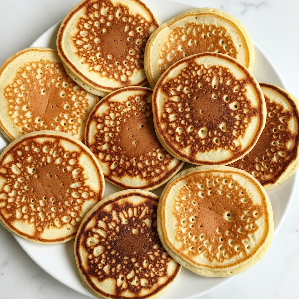 A close-up view of a white plate filled with nine round pancakes stacked unevenly, showing two visible layers of the pancakes. Each pancake has a golden-brown top with slightly uneven darker patches and small holes, while the sides are light beige and fluffy. The pancakes vary slightly in size and are arranged to cover most of the plate's surface, sitting on a white marbled background. photo taken with an iphone --ar 4:5 --v 7