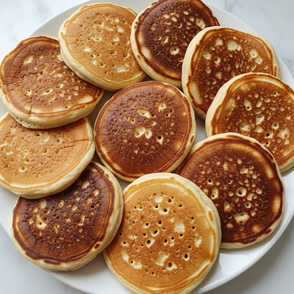 A stack of nine round pancakes with a golden brown top layer showing uneven, slightly bubbled texture and darker brown spots. The pancakes are light beige on the edges with a soft, fluffy look, and they are closely arranged on a white plate. The whole scene sits on a white marbled surface. photo taken with an iphone --ar 4:5 --v 7