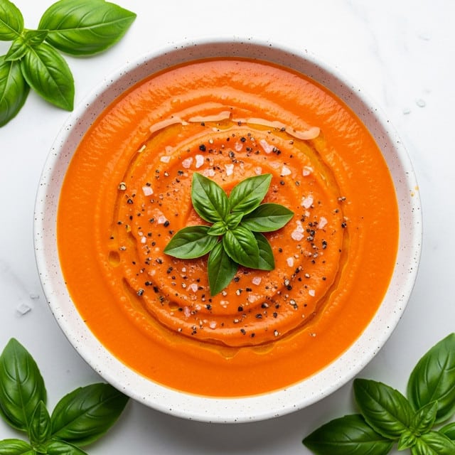 A close-up top view of a creamy tomato soup served in a white speckled bowl. The soup is smooth with a bright orange-red color, garnished with a drizzle of olive oil and a sprinkle of coarse black pepper and sea salt. On top, three fresh, glossy green basil leaves are arranged in the center, with smaller chopped basil pieces scattered lightly around them. The bowl sits on a white marbled surface with some fresh basil leaves placed softly around the bowl, adding a fresh touch. Photo taken with an iphone --ar 4:5 --v 7
