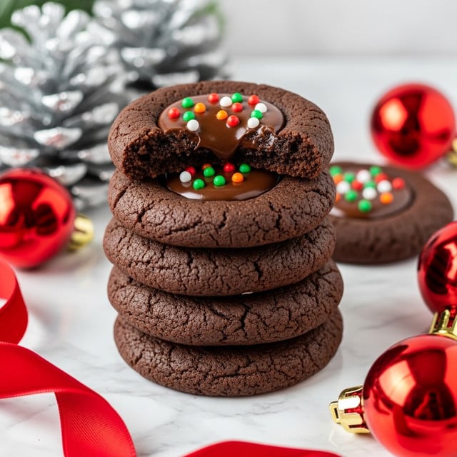 A stack of five dark chocolate cookies sits on a white marbled surface, each cookie thick and soft-looking with a rich, dark brown color. The top cookie is broken in half, revealing a smooth, glossy layer of dark chocolate ganache inside, topped with small round sprinkles in white, green, red, and orange colors. In the background, out of focus, there are red Christmas ornaments and green pine branches, adding a festive touch. A red velvet ribbon loops gently in the foreground, adding warmth and contrast to the scene. photo taken with an iphone --ar 4:5 --v 7