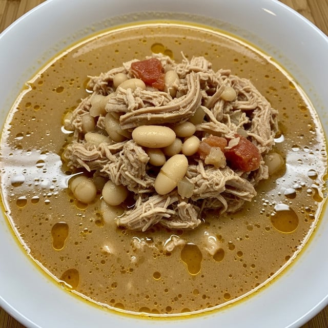 The image shows a close-up of a bowl filled with a thick soup made of white beans and shredded pieces of meat, with some bits of red pepper or tomato floating on top. The beans are plump and soft, sitting in a yellowish, slightly oily broth. The bowl is white and has a simple, smooth texture. The background is a white marbled surface with soft natural light coming from the side, creating gentle shadows. photo taken with an iphone --ar 4:5 --v 7