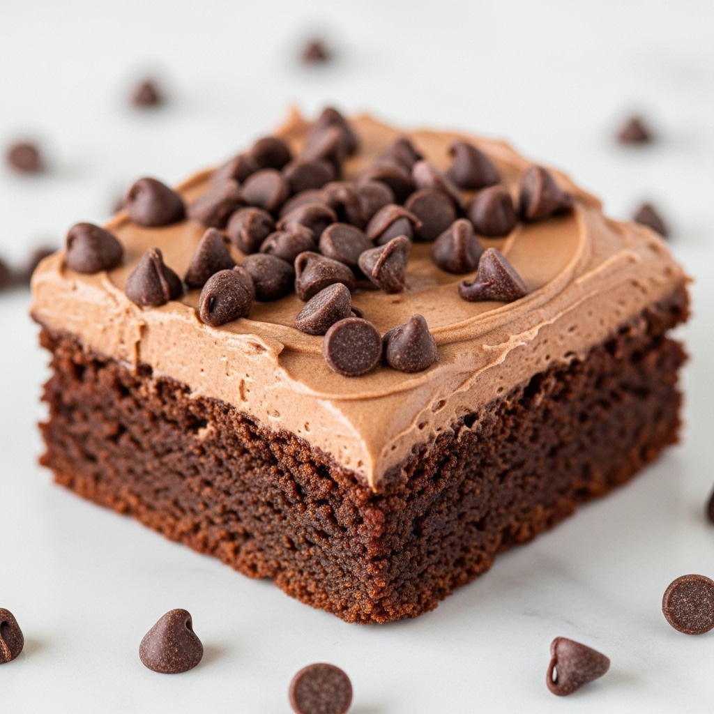 A close-up image of a single square brownie with a thick, dark brown, fudgy base layer that looks moist and rich. The brownie is topped with a smooth, lighter brown chocolate frosting that has a creamy texture and is spread evenly. On top of the frosting, there are many small chocolate chips scattered, adding a textured and slightly shiny finish. A few chocolate chips have fallen around the brownie on the surrounding white marbled surface. photo taken with an iphone --ar 4:5 --v 7
