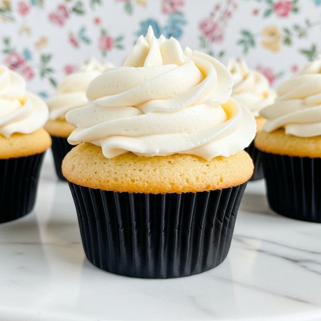 A close-up image of a cupcake showing two main layers: the base layer is a light golden sponge cake with a soft, fluffy texture, and the top layer is a thick swirl of smooth white frosting shaped like a rose, sitting on top of the cake. The cupcake is in a black ridged paper liner and placed on a white marbled surface with a subtle floral pattern in pastel colors in the background, with two other similar cupcakes partially visible behind it. Photo taken with an iphone --ar 4:5 --v 7