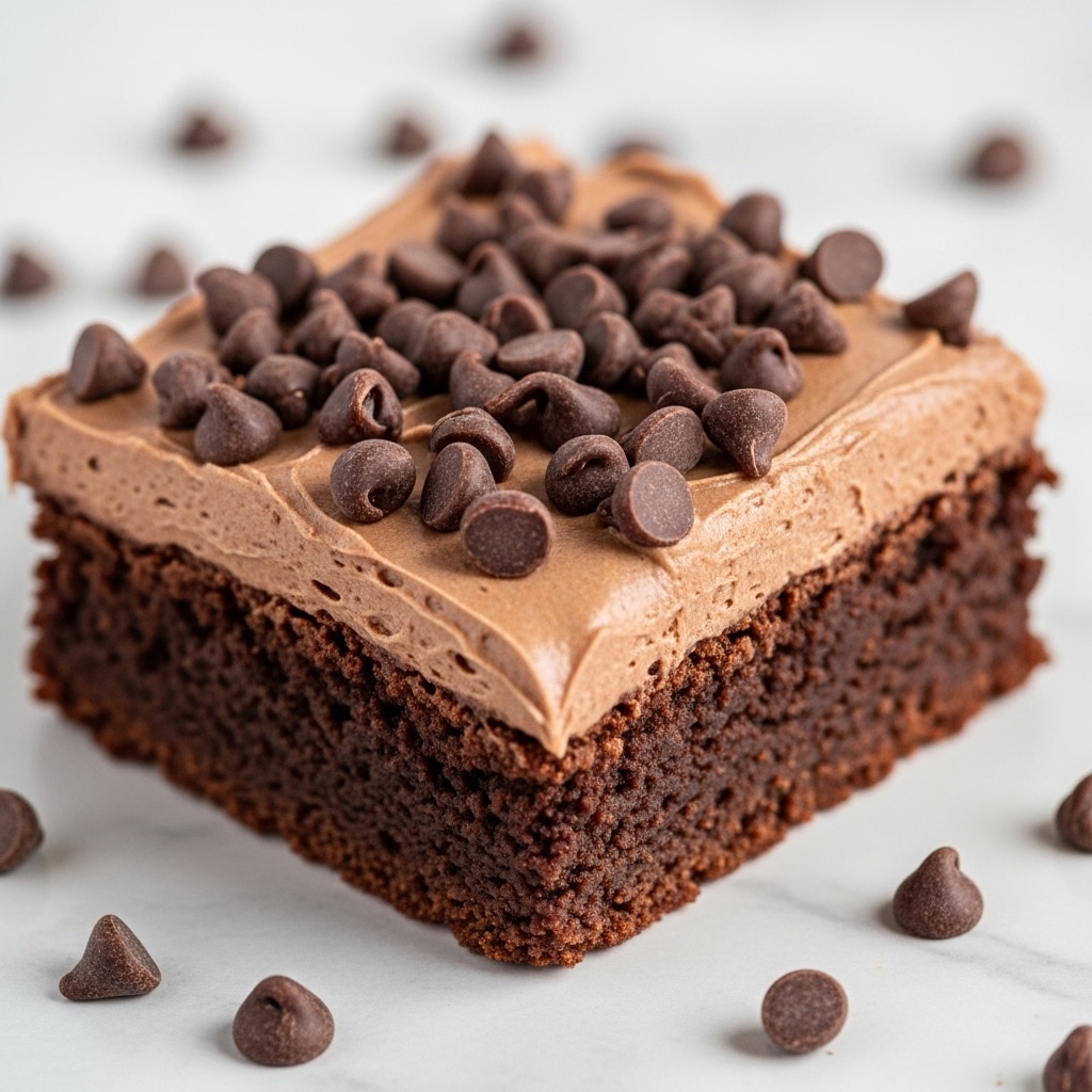 A rich dark chocolate brownie with a thick, moist texture forms the bottom layer, topped with a smooth layer of milk chocolate frosting that looks creamy and glossy. Scattered generously over the frosting are small, glossy dark chocolate chips, some falling over the edge on a white marbled surface. The brownie edges look slightly crumbly with a shiny, soft interior. Photo taken with an iphone --ar 4:5 --v 7