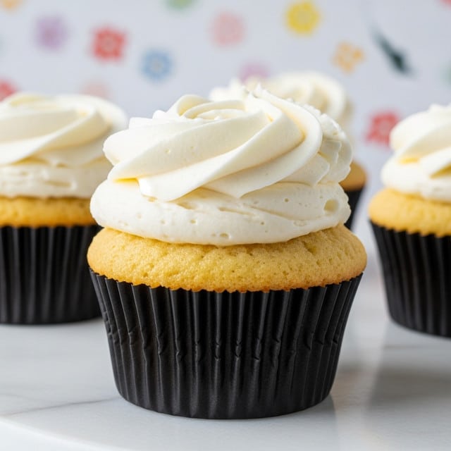 The image shows a close-up of a vanilla cupcake with two main layers. The bottom layer is a light beige, soft, and fluffy cake base with a slightly crumbly texture. The top layer is creamy white frosting, swirled elegantly in a rose pattern with smooth, thick petals sitting on the cupcake. The cupcake sits in a black paper liner on a white marbled surface with a blurred background that also shows parts of other cupcakes with similar frosting. photo taken with an iphone --ar 4:5 --v 7