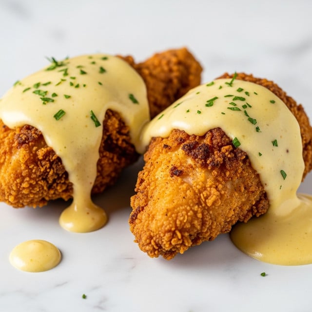 A close-up of two golden-brown crispy fried chicken pieces placed on a white marbled surface, covered with thick, creamy yellow gravy that drips over the sides. The fried chicken has a crunchy texture with darker browned spots, and the smooth sauce is sprinkled with finely chopped green herbs. Some sauce pools around the chicken pieces, enhancing the rich look. Photo taken with an iphone --ar 4:5 --v 7