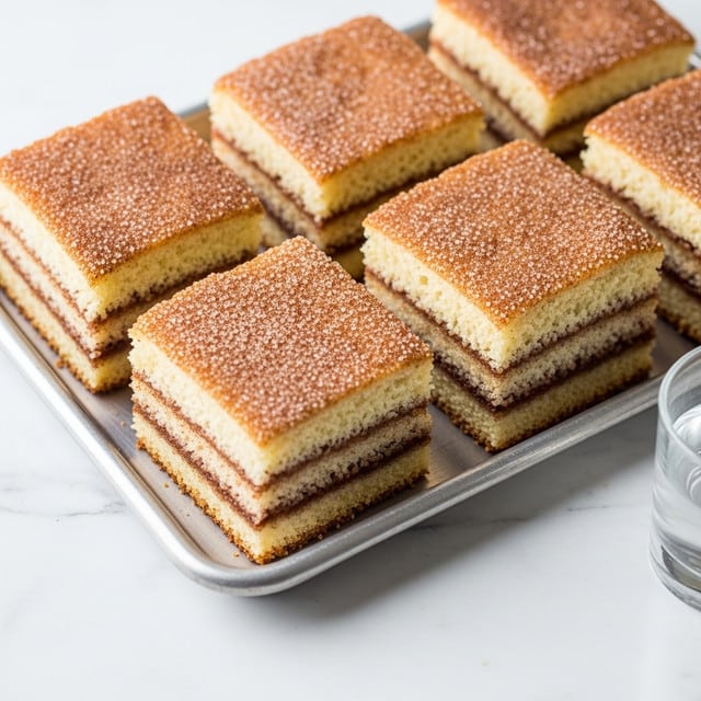 The image shows several square pieces of cinnamon sugar bread with a golden-brown crust, layered lightly with sugar and cinnamon powder on top. The bread looks soft and fluffy with a slightly crisp outside, placed on a silver metal tray. The tray rests on a white marbled surface, giving a clean, simple background. A small clear glass of water is partially visible in one corner. Photo taken with an iphone --ar 4:5 --v 7