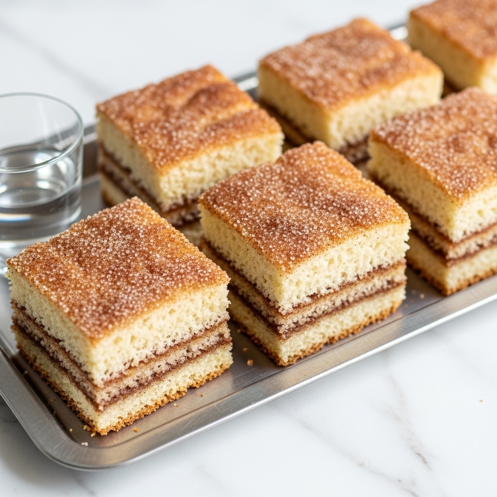 The image shows six square pieces of soft, golden-brown bread with a dusting of cinnamon sugar on top. The bread has a light, fluffy texture with a slightly crisp crust. One piece is stacked on top of another, showing the inside which looks airy and soft with a pale cream color. The bread is arranged on a metal baking sheet, placed on a white marbled surface. In the top right corner, there is a clear glass with liquid visible. Photo taken with an iphone --ar 4:5 --v 7