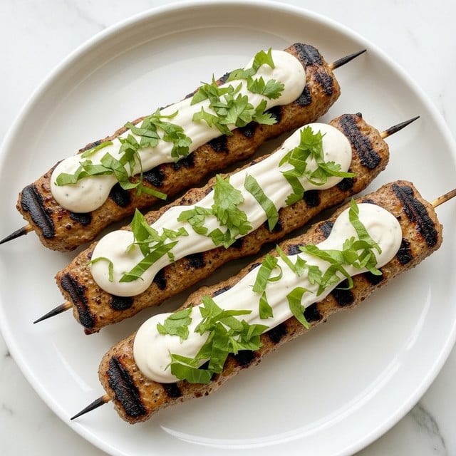 The image shows three grilled kebabs placed side by side on a white plate with a rustic texture. Each kebab is golden brown with charred spots, and they are topped with a white sauce spread unevenly across the top, garnished with chopped green herbs. The plate sits on a white marbled surface with some scattered green leaves around it. The overall look is fresh and appetizing with a rustic feel. photo taken with an iphone --ar 4:5 --v 7
